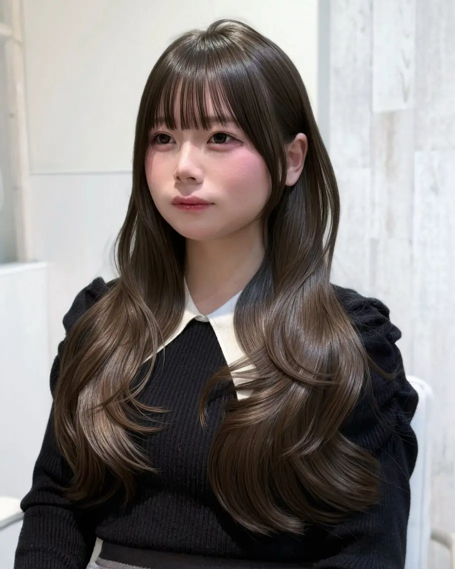 ロング ヘアカラー トリートメント 表参道小顔カット前髪 割れ改善クロスパーマのヘアスタイル