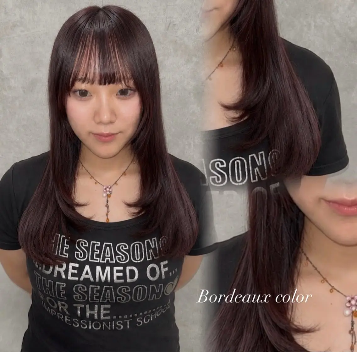 セミロング カラー ブリーチ ボルドーカラー デザインカラー lond shige /重髙 翔斗のヘアスタイル
