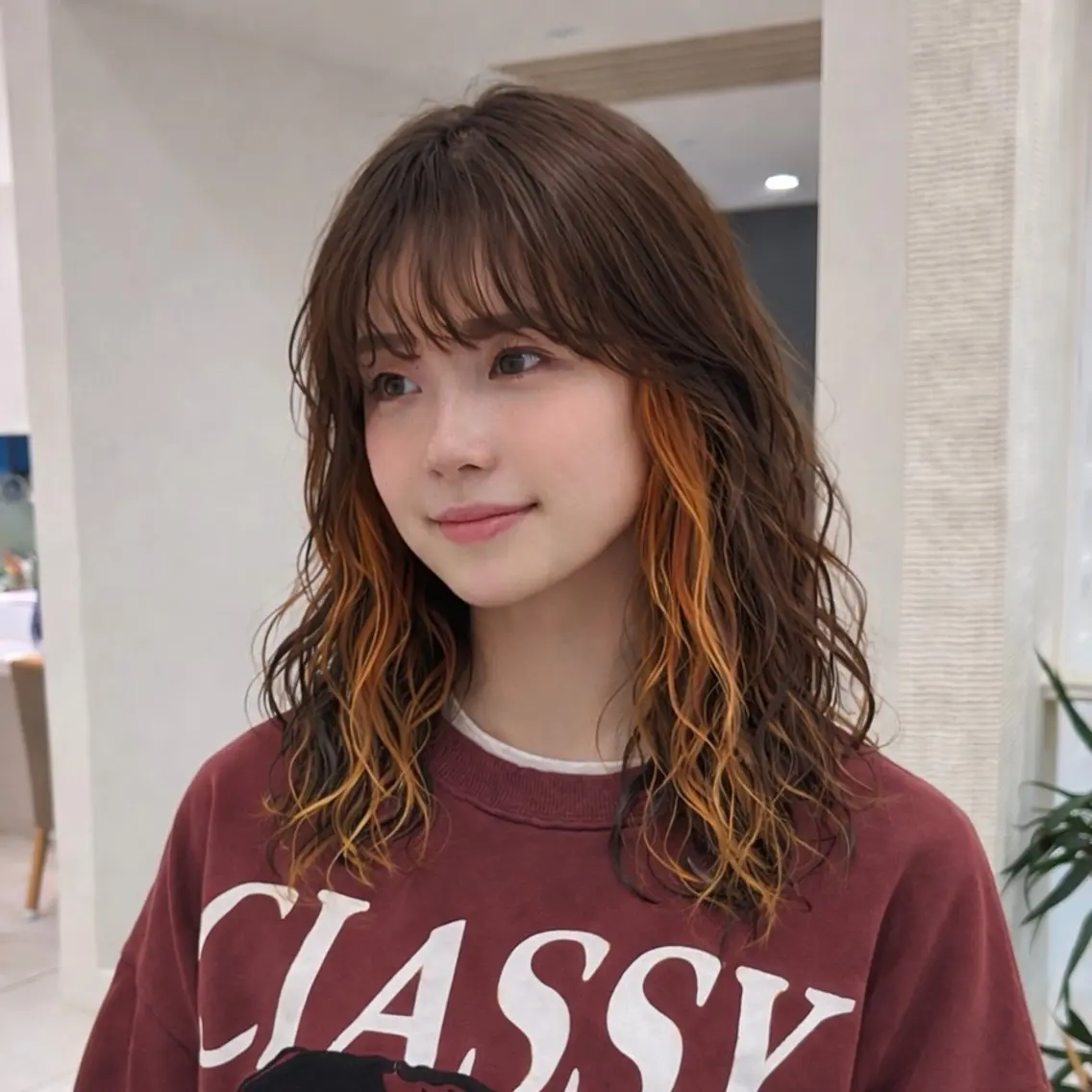 ミディアム カラー パーマ ミディアムパーマ ベージュカラー ブリーチ イヤリングカラー オレンジ カット ヘアカラー トリートメント 暖色カラー/パラッと Bob/モエのヘアスタイル