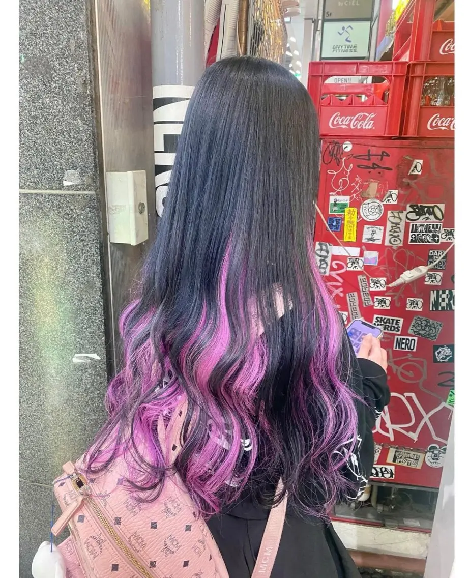ロング カラー 黒髪 ブルーカラー ブルーブラック ピンクカラー パープルカラー ヘアカラー TSUNO🦖 派手髪/オタク美容師のヘアスタイル