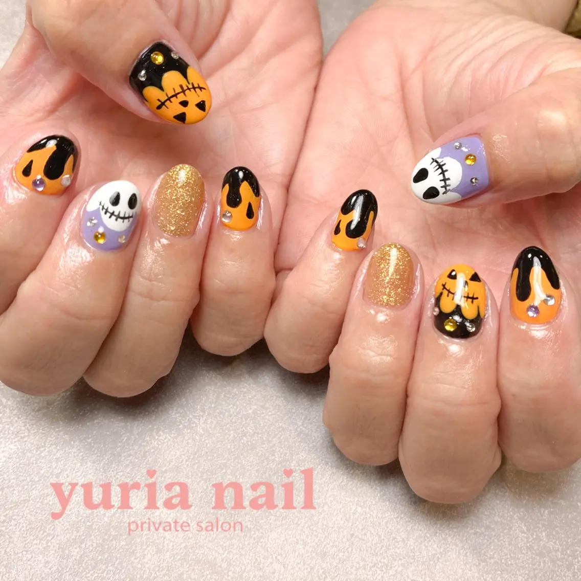 ネイル アートネイル ジェルネイル ゴールド ハロウィン ラメ(グリッター) ハンドネイル 小林 ゆりあのネイルデザイン