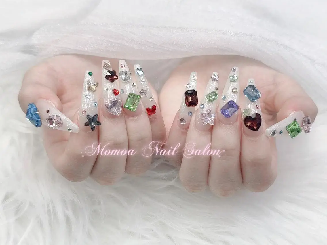 ネイル 成人式 大理石ネイル(マーブル) リボン 夏ネイル ネイルチップ ハンドネイル MoMoA Nail ネイル長さ出し専門店のネイルデザイン