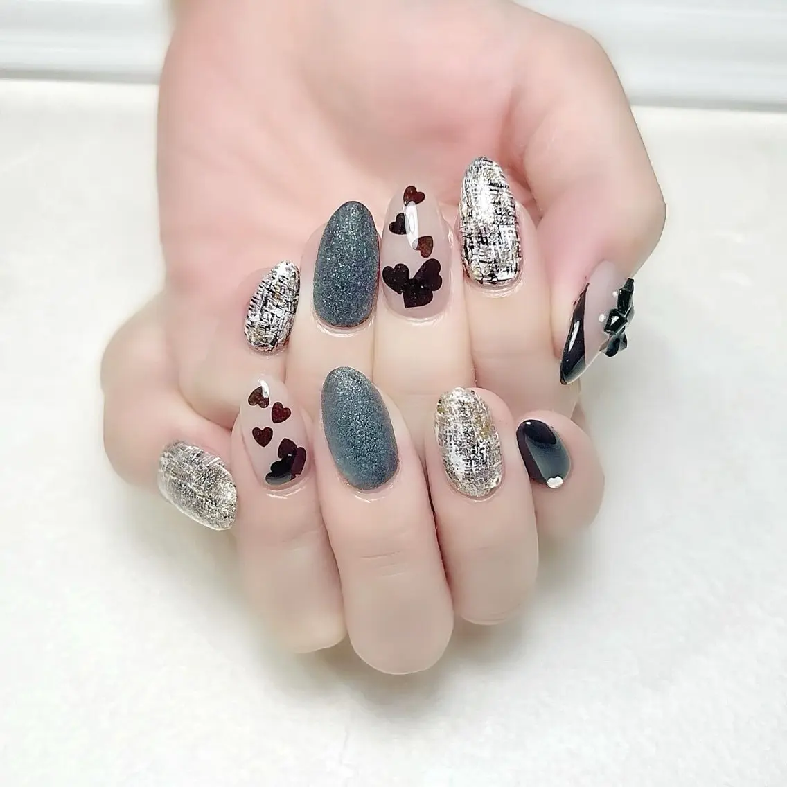 ネイル ガーリー ハート ツイードネイル rouse nail RISATOのネイルデザイン