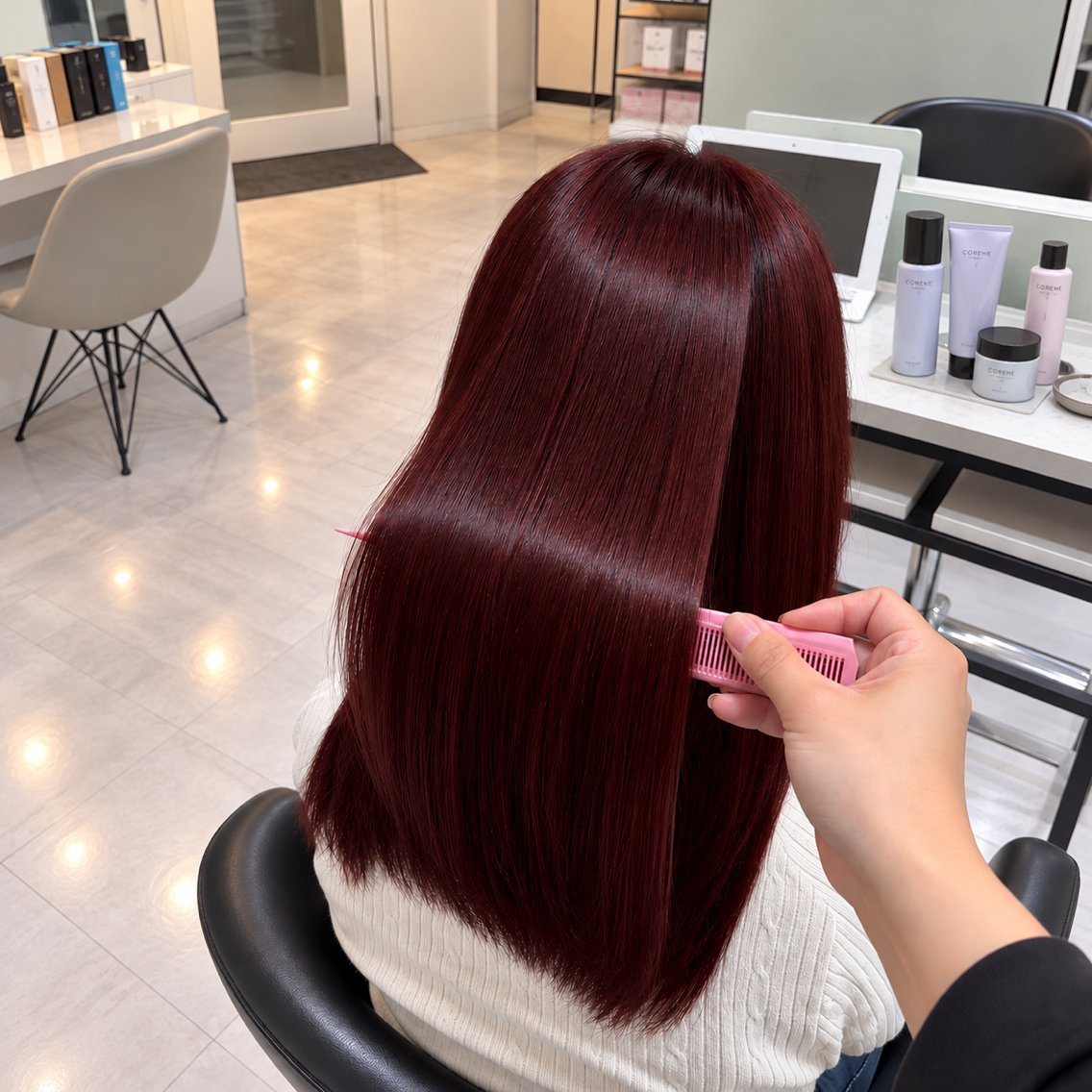 セミロング カラー 透明感カラー レッドカラー ハッシュカット 髪質改善 レイヤーカット ヘアカラー 🌙髪質改善カラー Momoka🦋のヘアスタイル