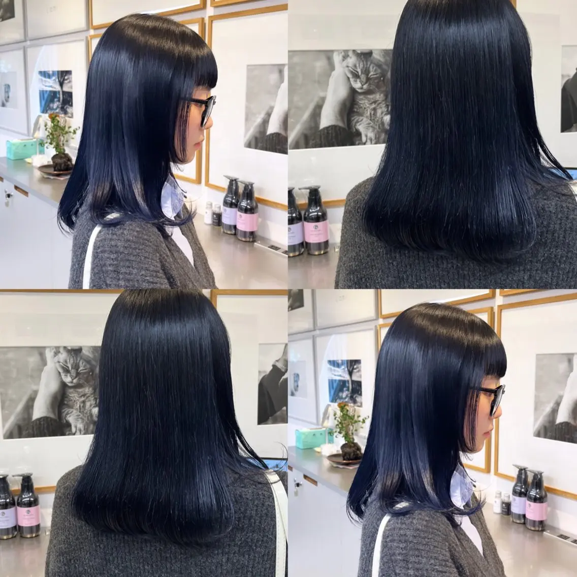 ミディアム カラー 黒髪 ブルーカラー ブルーブラック ブルージュ 韓国風カラー カット ヘアカラー トリートメント ヘッドスパ ヘアセット カジュアルを女っぽく 𝗮𝘆𝗮𝗰𝗼のヘアスタイル