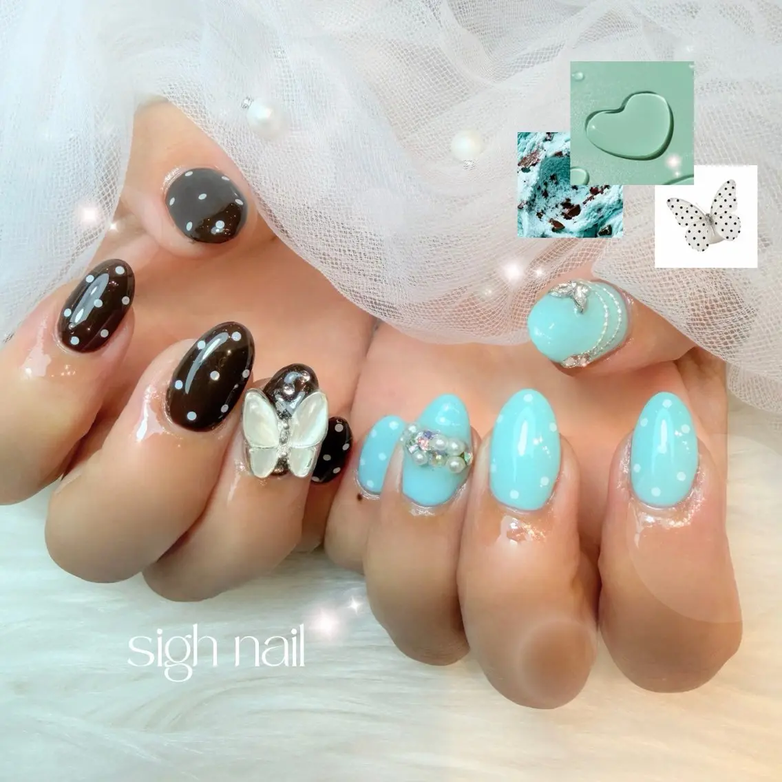 ネイル ブラウン ドット キラキラネイル 韓国ネイル 水色 ハンドネイル sigh nail 1級ネイリストのネイルデザイン