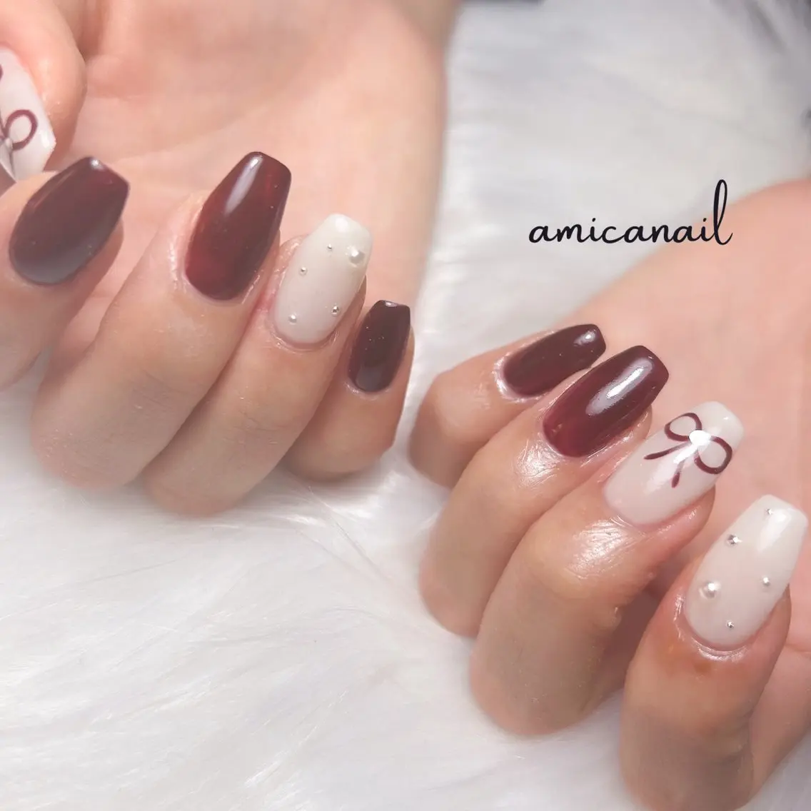 ネイル ボルドー リボン _amica nail_のネイルデザイン