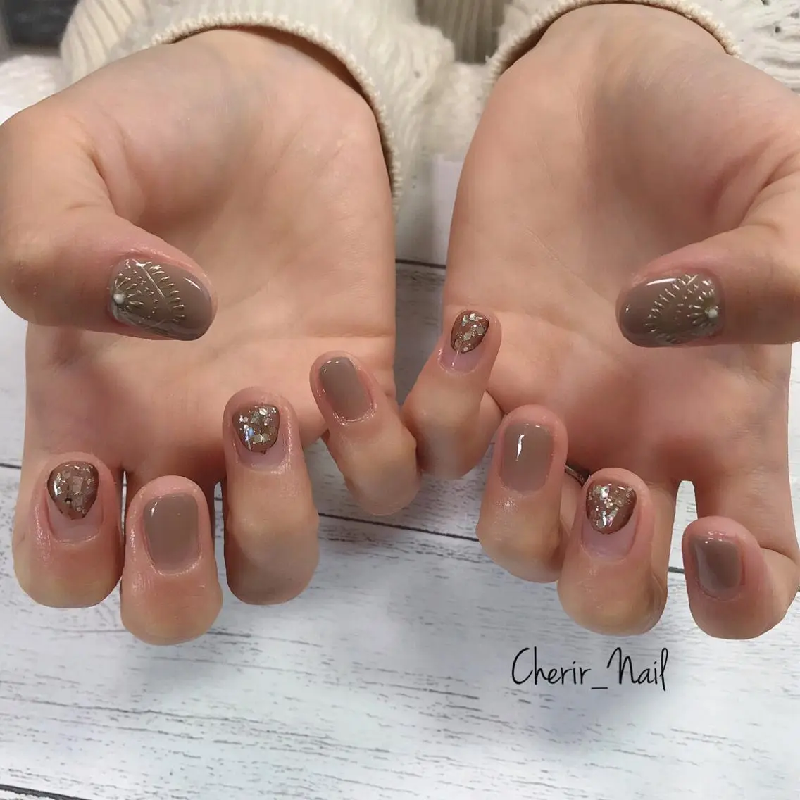 ネイル アートネイル ブラウン クリアネイル フレンチネイル ニュアンスネイル Cherirnail kaoriのネイルデザイン