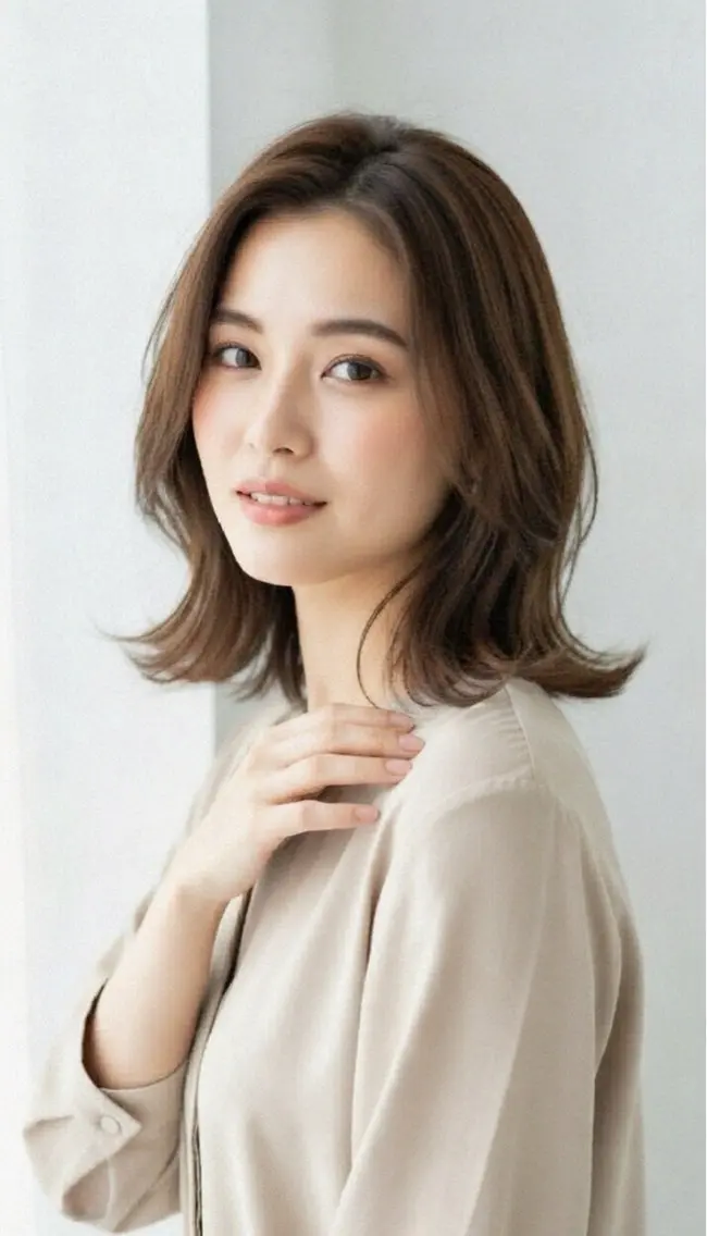 ミディアム 外ハネヘア カット ヘアカラー トリートメント 石沢 知康のヘアスタイル