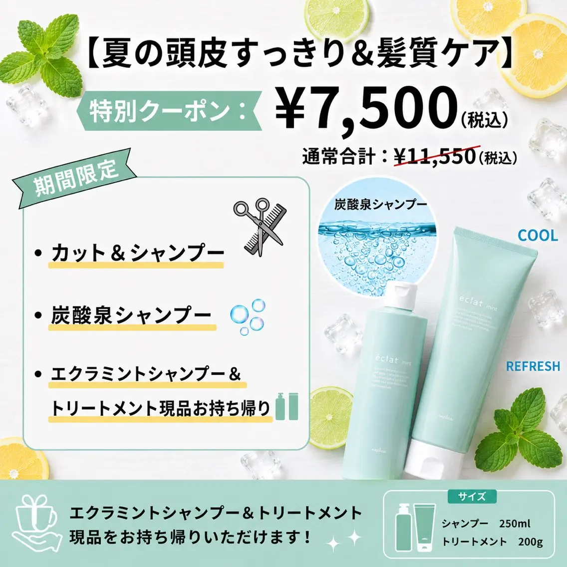 【セットでお得☀️】サマーシャンプー＆トリートメント現品プレゼント🎁＋カット✂️＋炭酸泉シャンプー🫧の写真