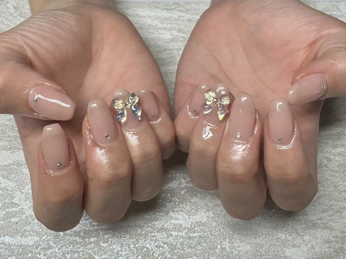 ネイル 韓国ネイル ラメ(グリッター) ワンカラーネイル ピンク リボン JULIE NAILのネイルデザイン