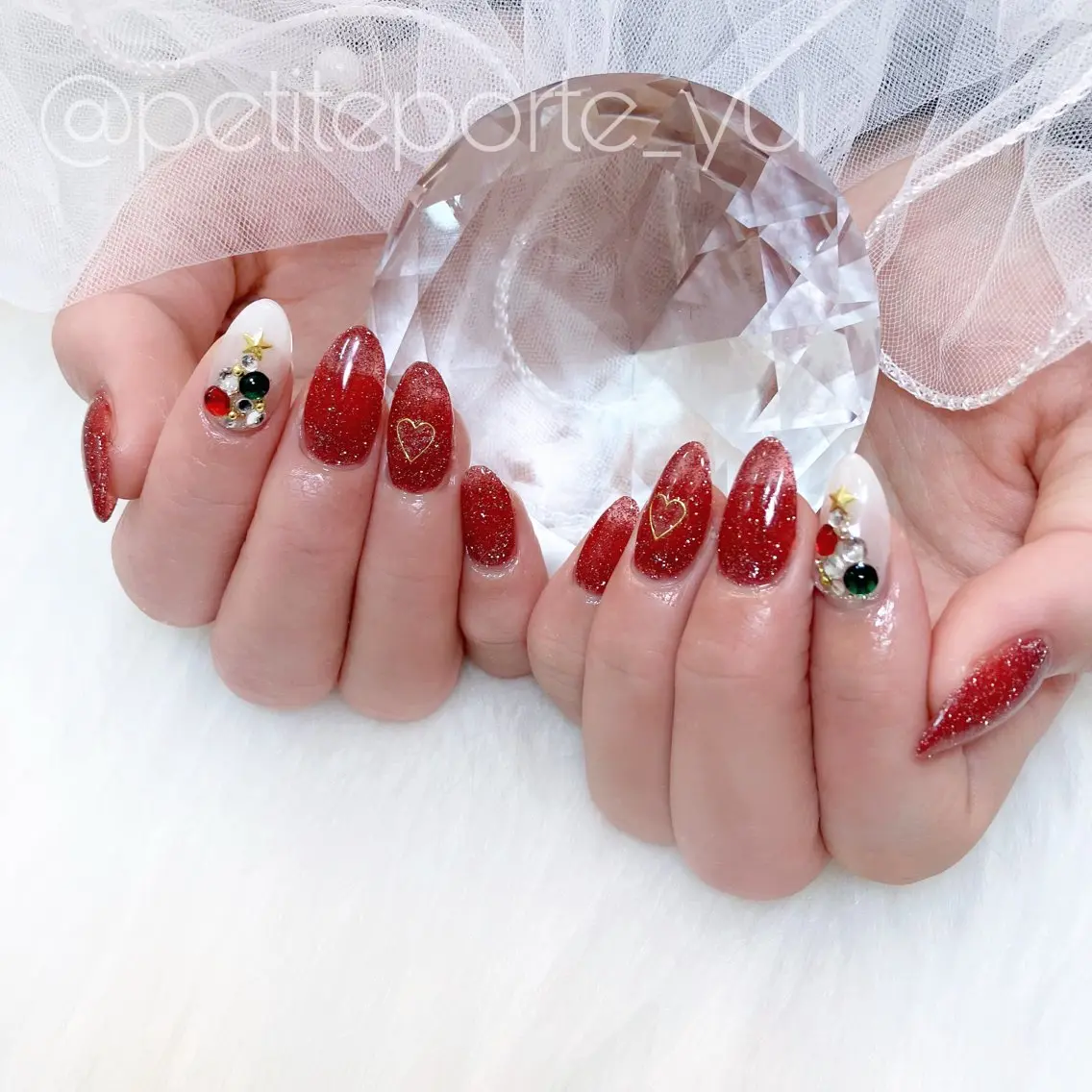 ネイル 長さ出し フラッシュネイル 冬ネイル クリスマス ハンドネイル petite porteのネイルデザイン