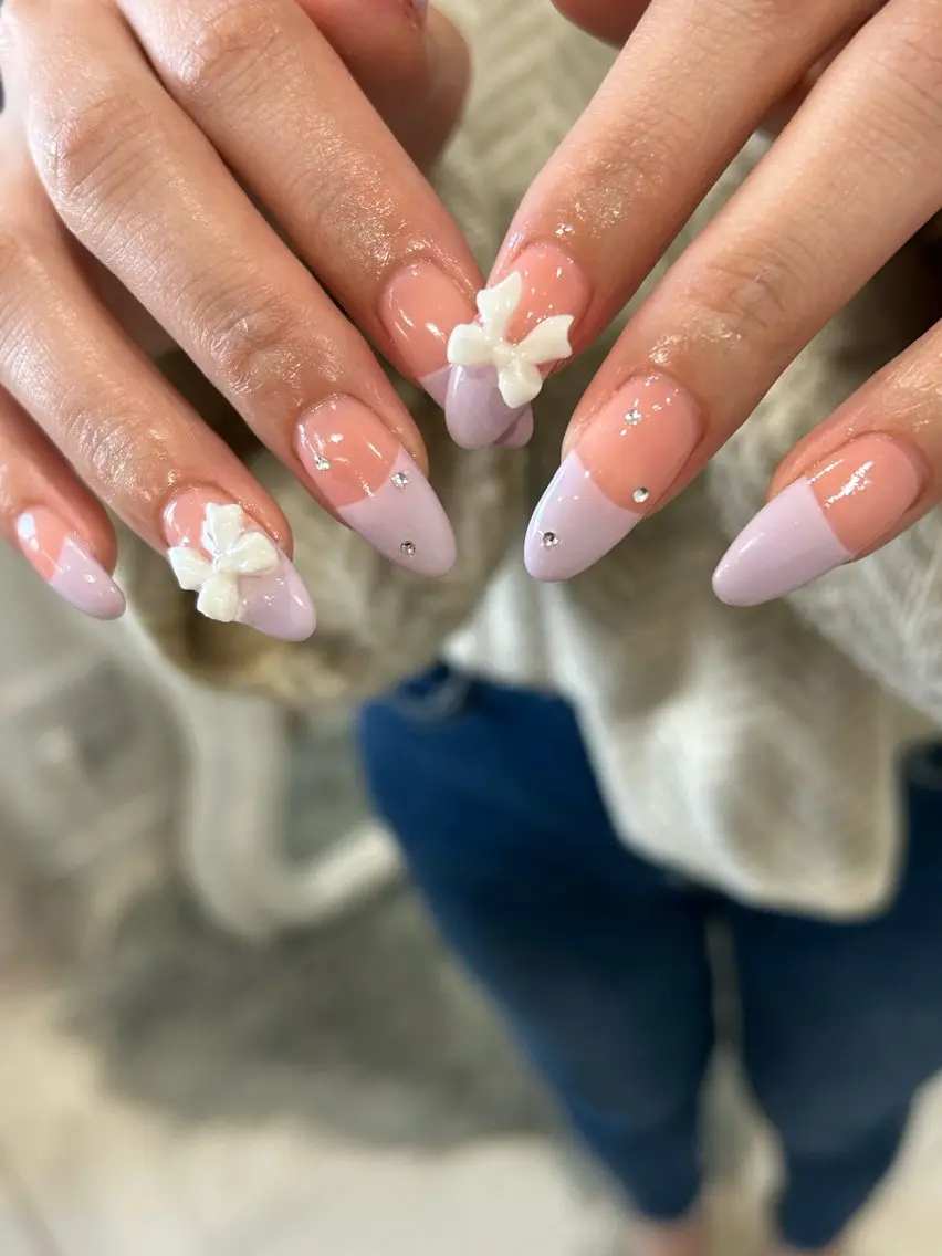 ネイル フレンチネイル mellow:ｸﾙﾐ ﹡˖˟༝🎀˖˟ ༝のネイルデザイン