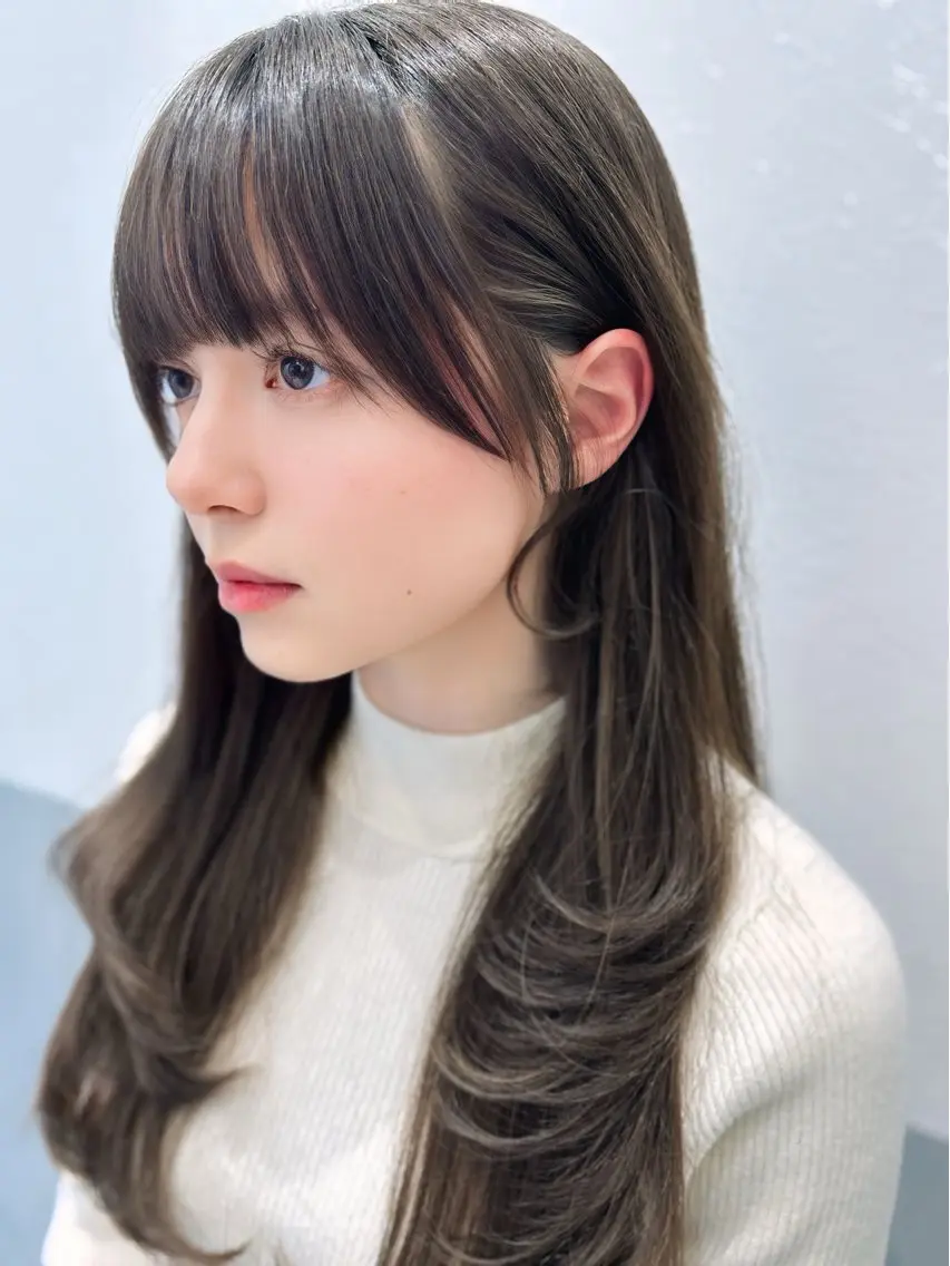 ロング カラー 顔まわりレイヤー 顔周りカット レイヤーカット サイドバング 小顔カット カット ヘアカラー トリートメント 顔周りカット 【オノザワリョウ】のヘアスタイル