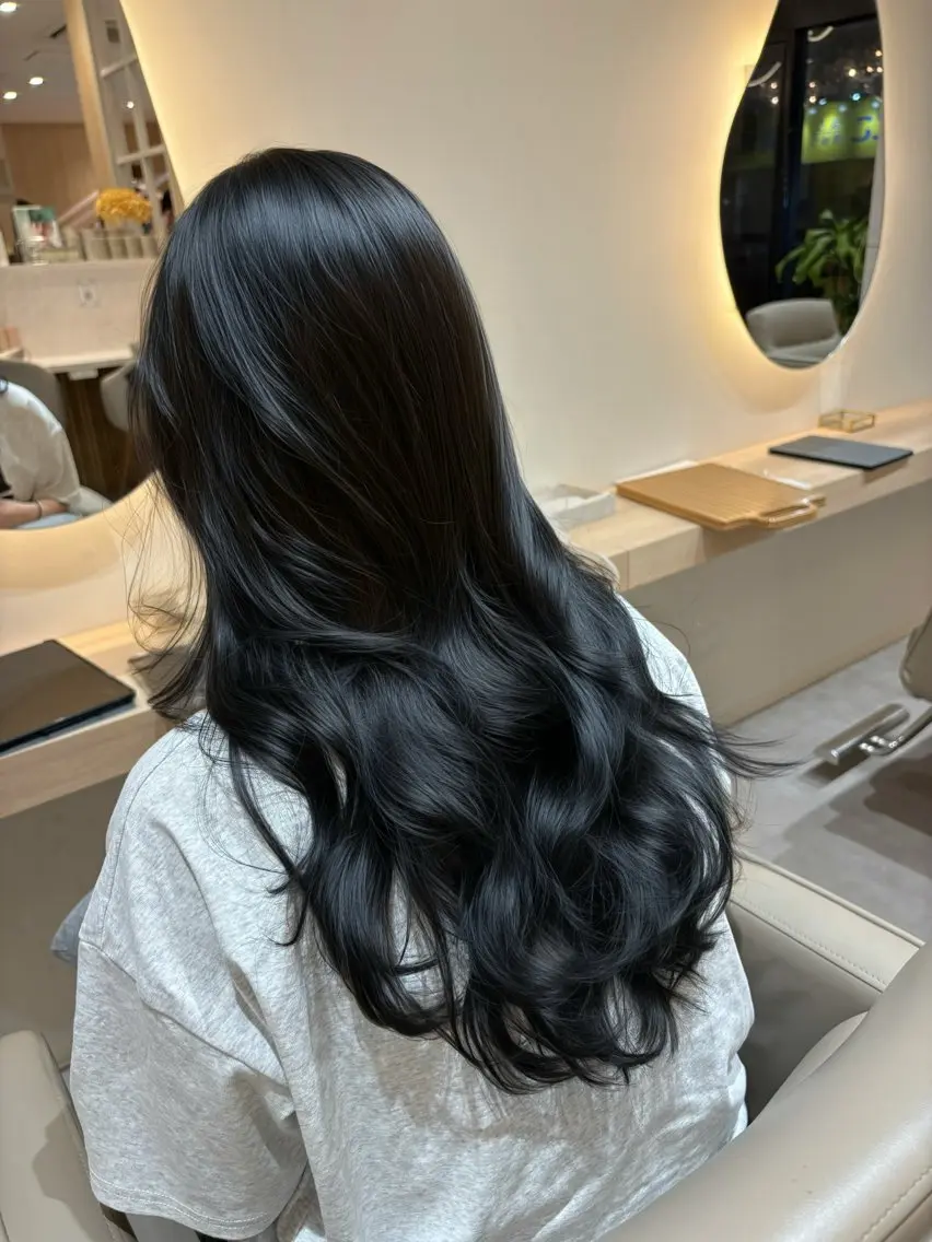 ロング カラー 黒髪 ブリーチ ブルーカラー ブルーブラック ダブルカラー カット ヘアカラー レイヤー/メンズ /パーマ/佐藤のヘアスタイル