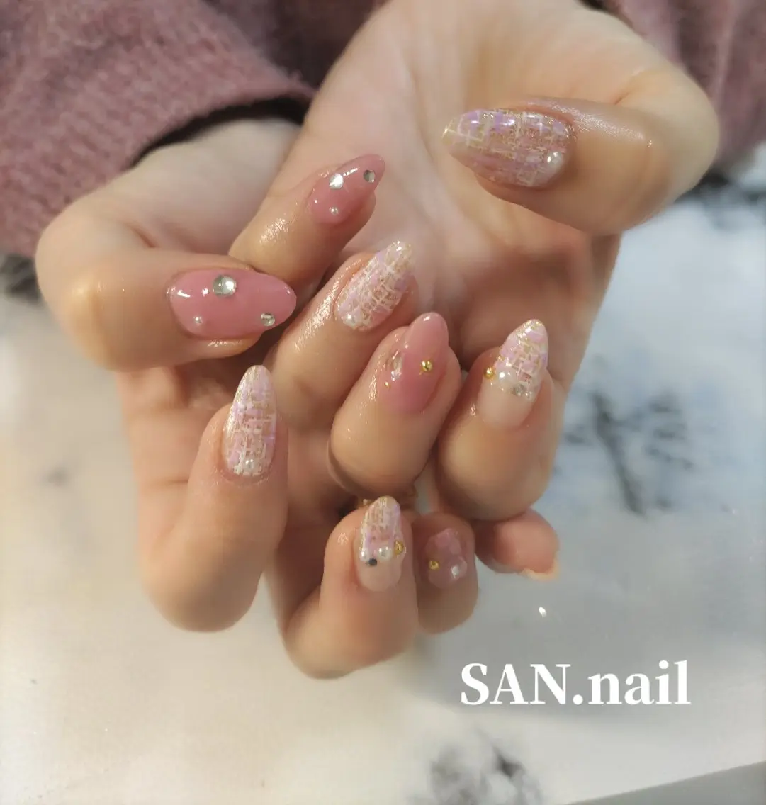 ネイル ピンク 春ネイル ツイードネイル ハンドネイル SAN. nailのネイルデザイン