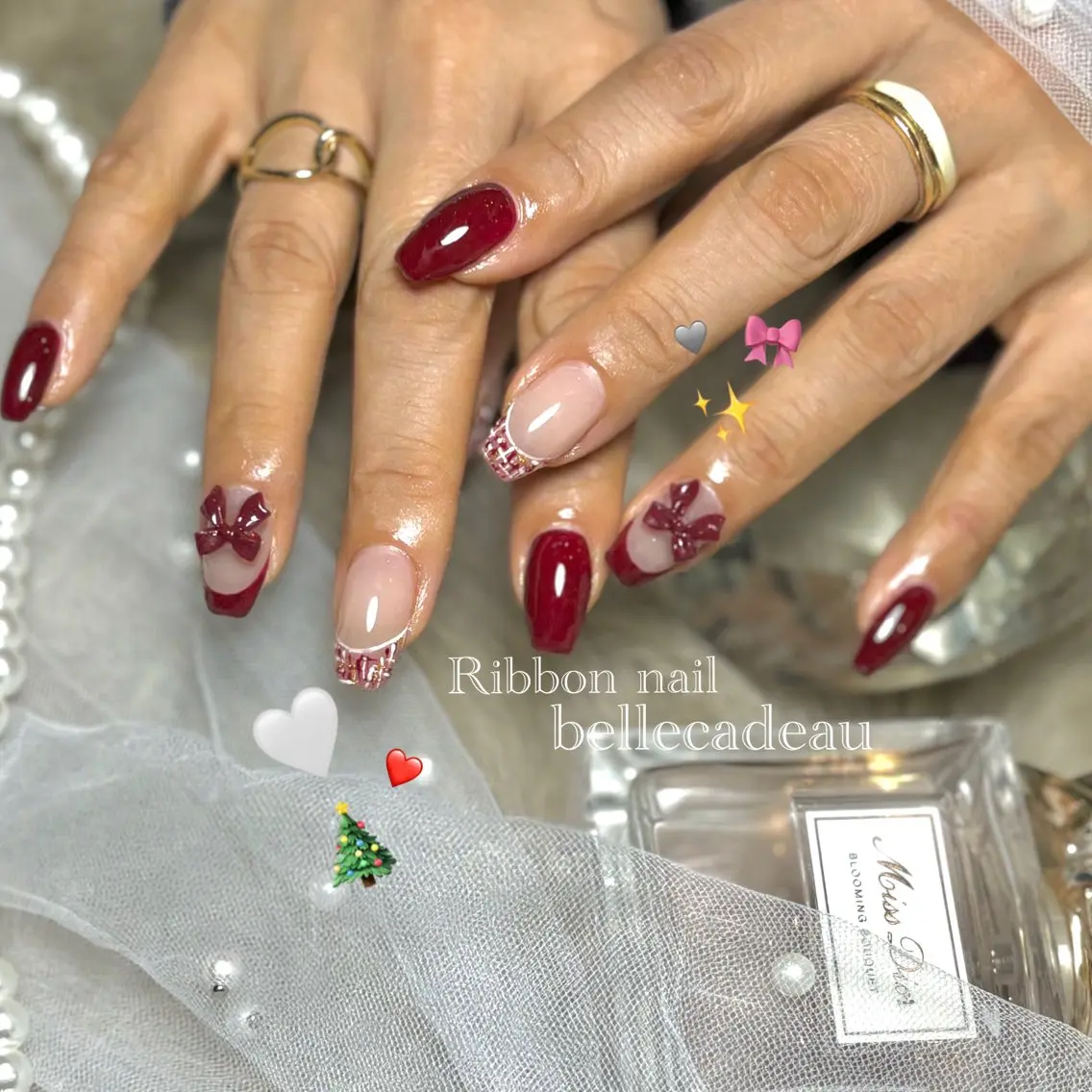 ネイル ボルドー リボン ツイードネイル 冬ネイル クリスマス nail salon belleのネイルデザイン