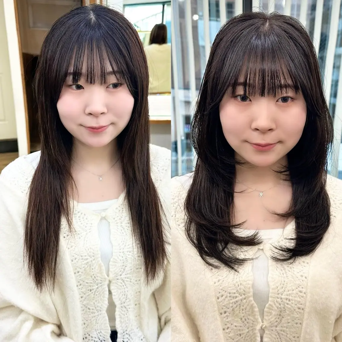 セミロング カラー パーマ ヘアアレンジ メンズ キッズ カット ヘアカラー 縮毛矯正 レイヤーカット/ 巻ける縮毛矯正のヘアスタイル