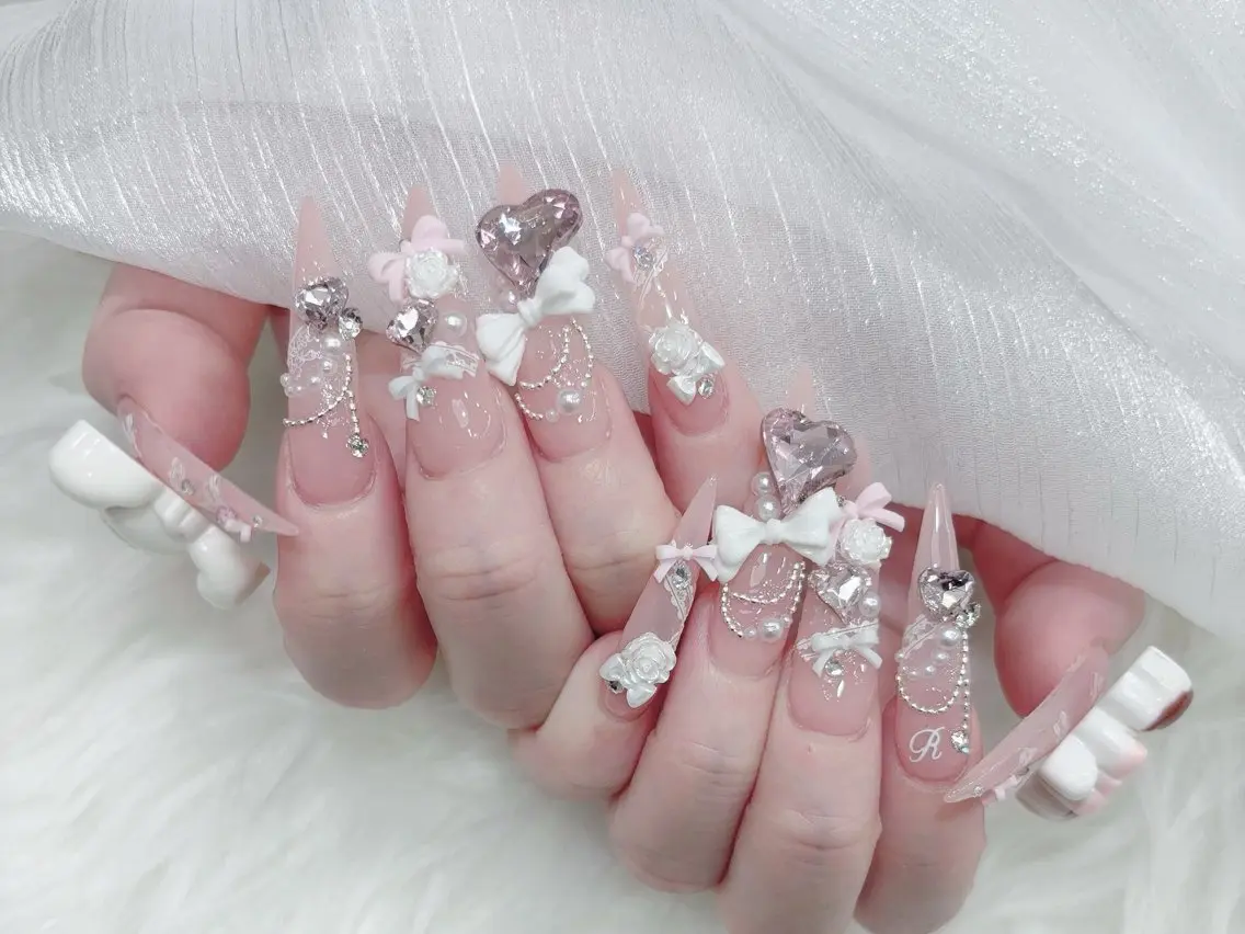 ネイル 成人式 大理石ネイル(マーブル) リボン 夏ネイル ネイルチップ ハンドネイル MoMoA Nail ネイル長さ出し専門店のネイルデザイン