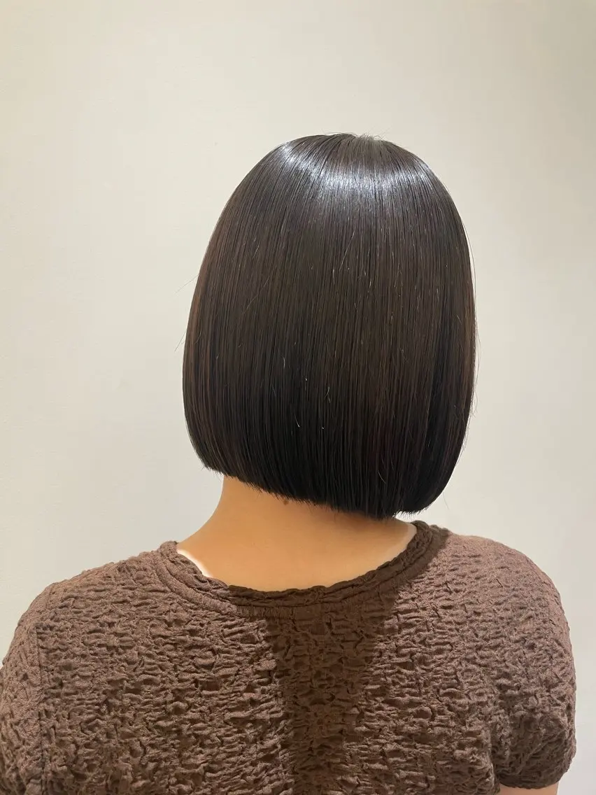 カラー パーマ 透明感カラー ボブ ストレートパーマ イシバシ ミナミのヘアスタイル