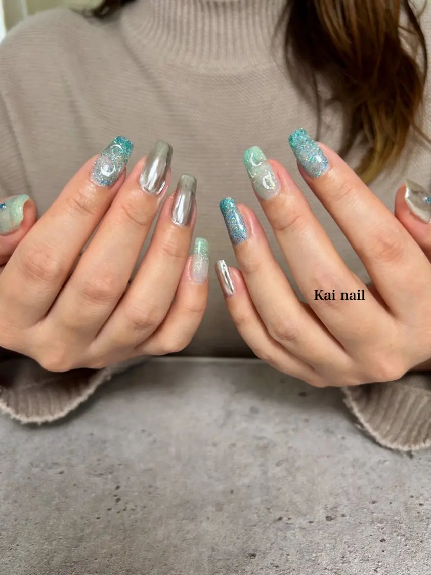 ネイル ブルー 韓国ネイル マグネットネイル ミラーネイル シルバー ハンドネイル Kai  nail Mayukoのネイルデザイン