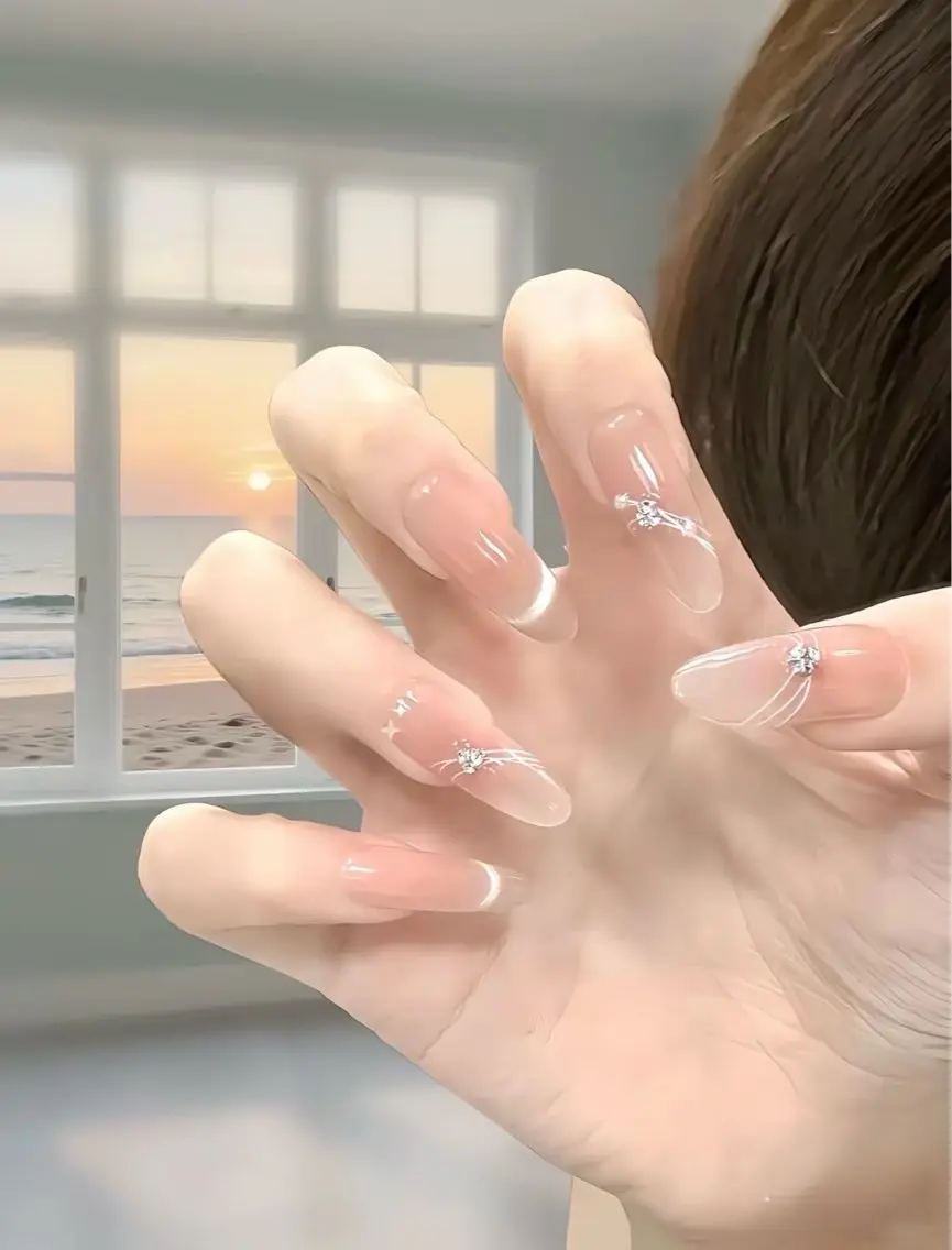 ネイル オーロラネイル チークネイル 長さ出し フレンチネイル ジェルネイル Yumi nail luckyのネイルデザイン
