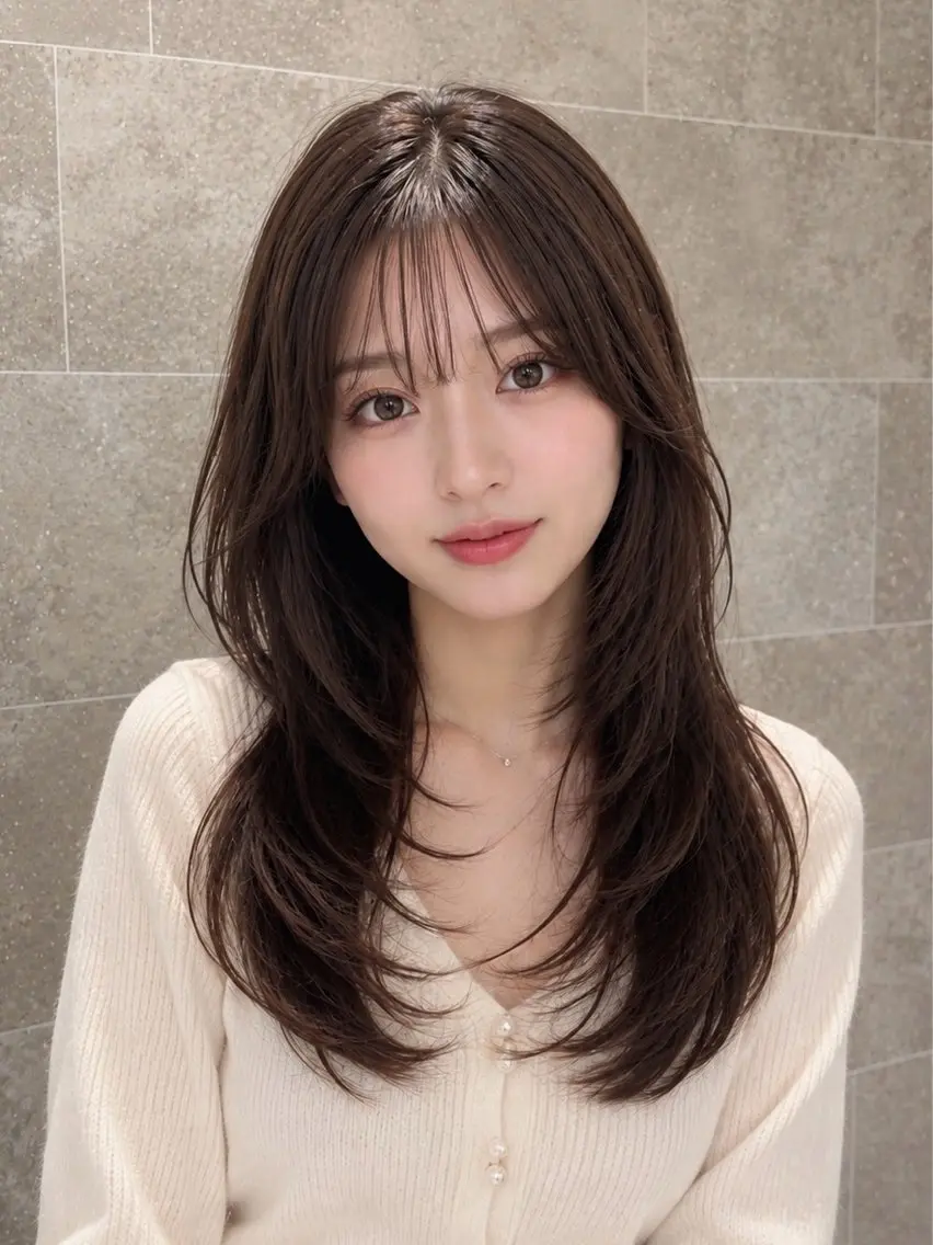 ミディアム ミディアムレイヤー 顔周りカット かきあげバング 韓国風ヘア レイヤーカット カット ヘアカラー 透明感カラー/韓国レ イヤー/宮下知也のヘアスタイル
