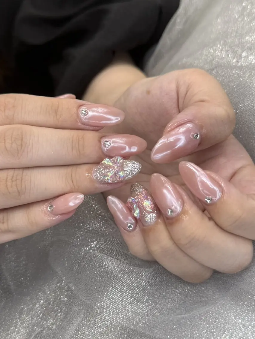 ネイル 氷ネイル・うるうるネイル マットネイル ニュアンスネイル リボン 夏ネイル ハンドネイル rina nailのネイルデザイン