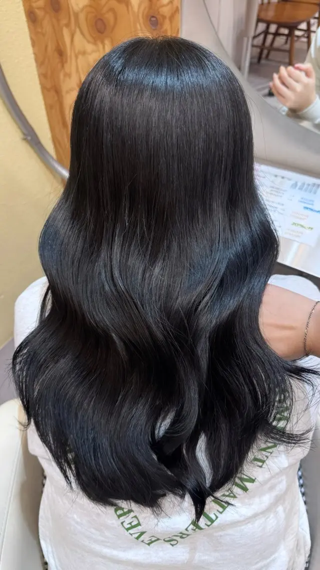 ロング カラー 黒髪 ブリーチ ブルーカラー ブルーブラック ブリーチなしカラー ヘアカラー 縮毛矯正/ショート なーな🎀🤍のヘアスタイル