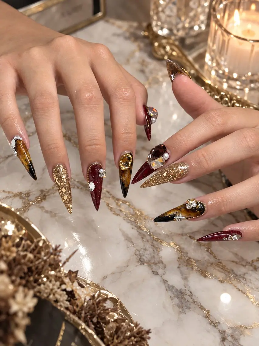 ネイル べっ甲ネイル ボルドー スカルプネイル ハンドネイル AOI💅🏾 LUCAS 千葉のネイルデザイン