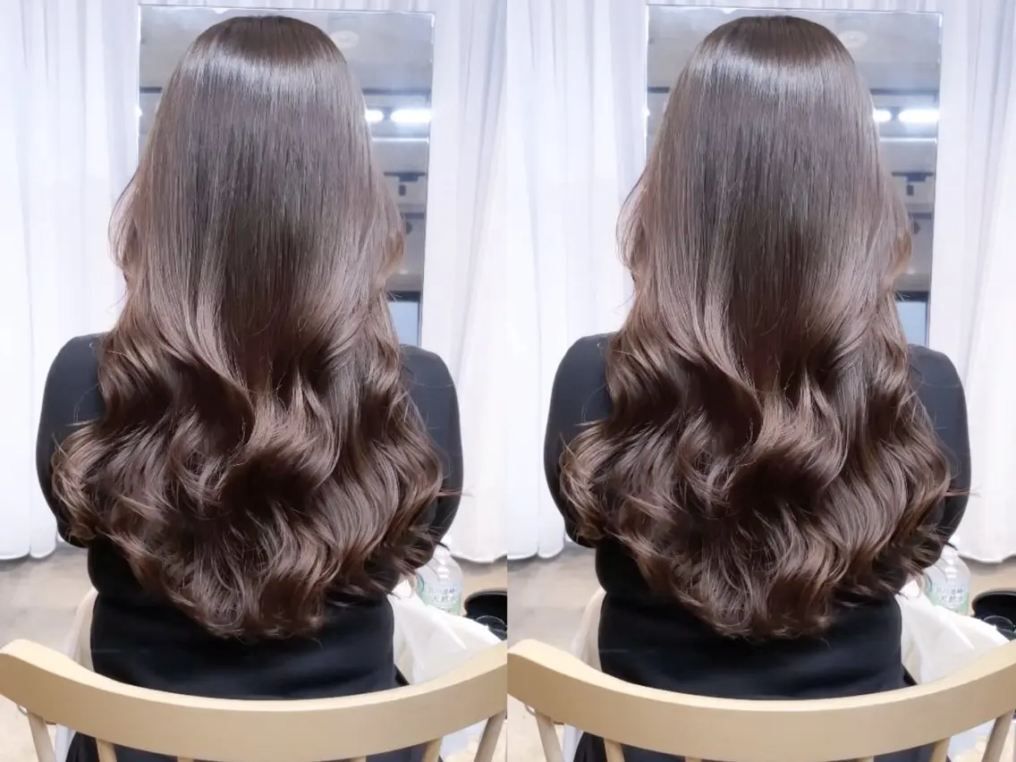 ロング カラー パーマ くびれヘア 顔周りカット 韓国風ヘア くびれレイヤー レイヤーカット カット パーマ まとまるレイヤー カット/透明感カラーのヘアスタイル