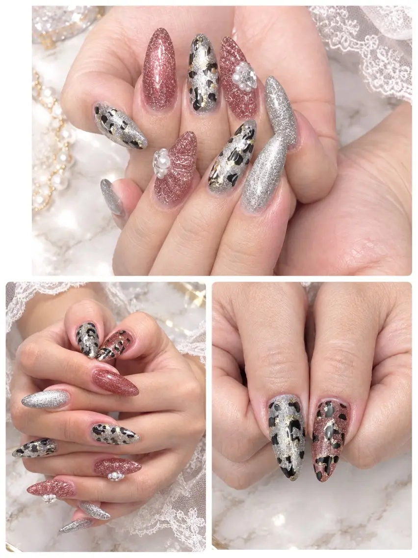ネイル アニマル柄 ゴールド ラメ(グリッター) シルバー ハンドネイル ハンドケア Mamo nail ﾏﾓﾈｲﾙｴｲﾐｰのネイルデザイン