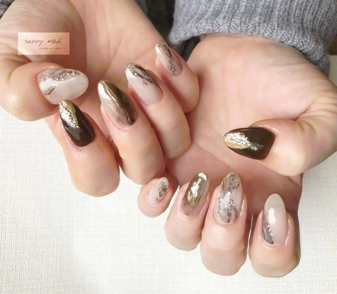 ネイル アートネイル ブラウン ジェルネイル ミラーネイル ニュアンスネイル sunny nailのネイルデザイン
