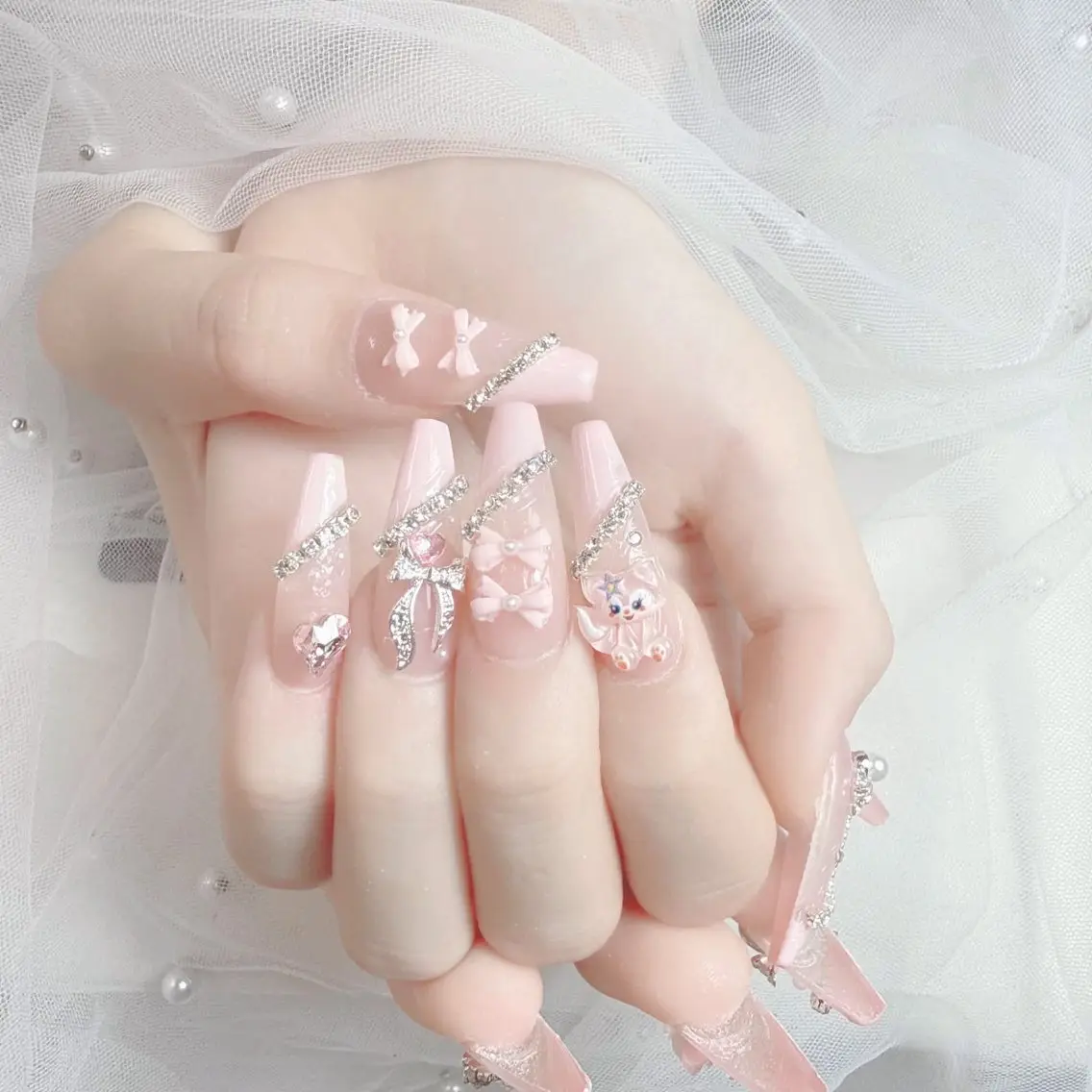ネイル 成人式 大理石ネイル(マーブル) リボン 夏ネイル ネイルチップ ハンドネイル Mei Salon 長さ出し専門店のネイルデザイン