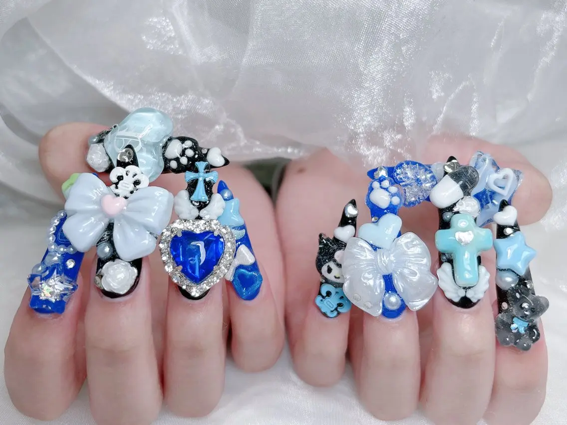ネイル 成人式 ロングネイル マグネットネイル 大理石ネイル(マーブル) リボン ハンドネイル MoMoA Nail ネイル長さ出し専門店のネイルデザイン