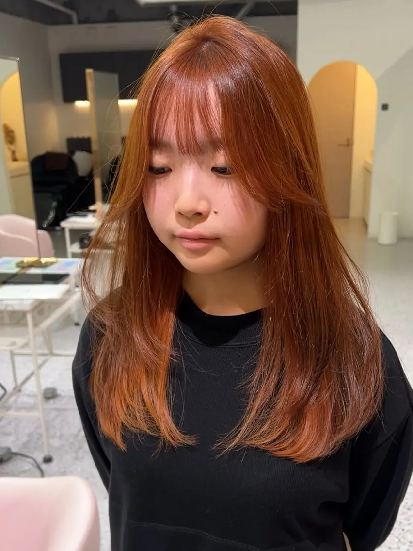 ミディアム カラー オレンジ ピンクカラー カット ヘアカラー トリートメント cher. naoのヘアスタイル
