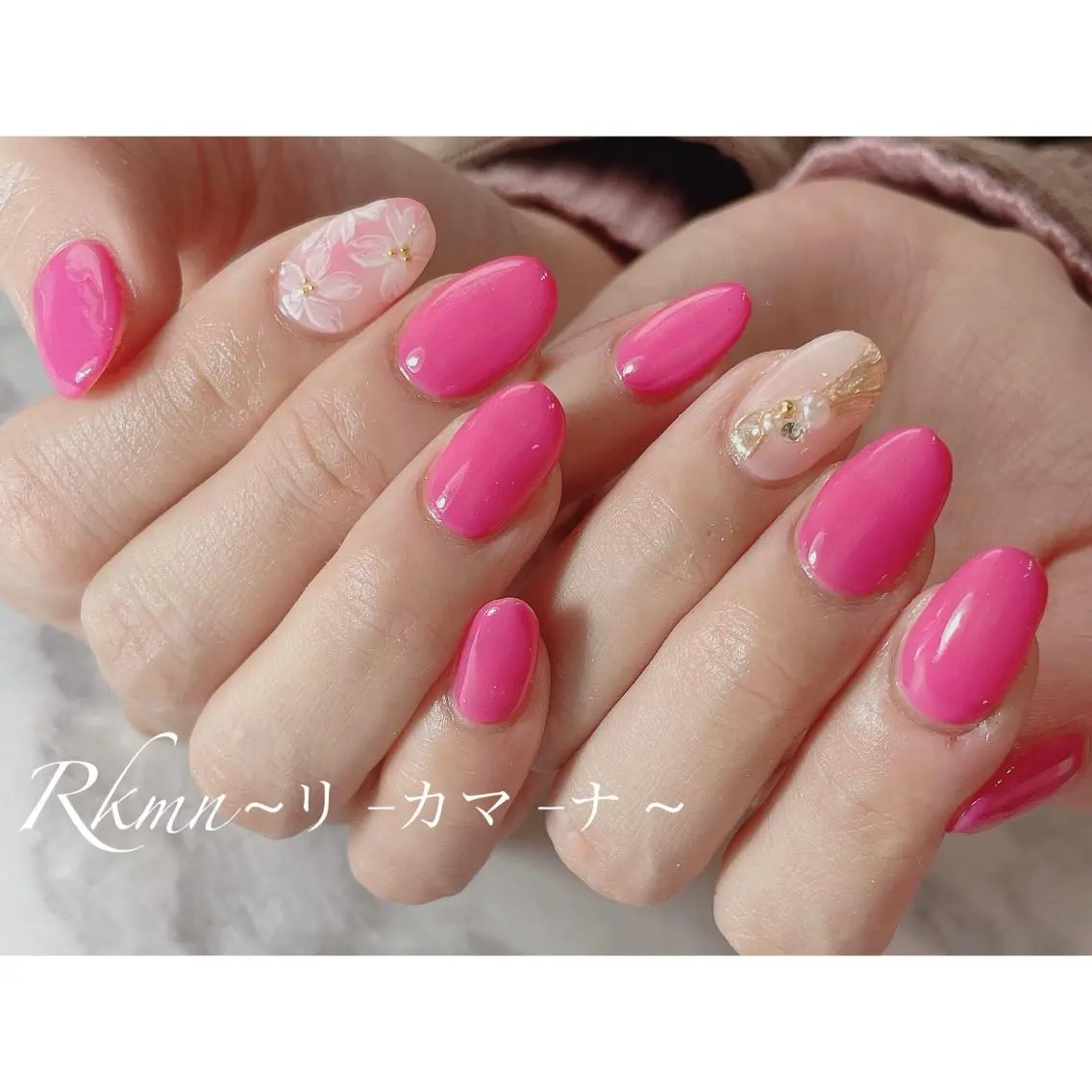ネイル アートネイル 桜ネイル フラワーネイル ミラーネイル ピンク ハンドネイル フットネイル ハンドケア Rkmn ~リ-カマ-ナ~のネイルデザイン