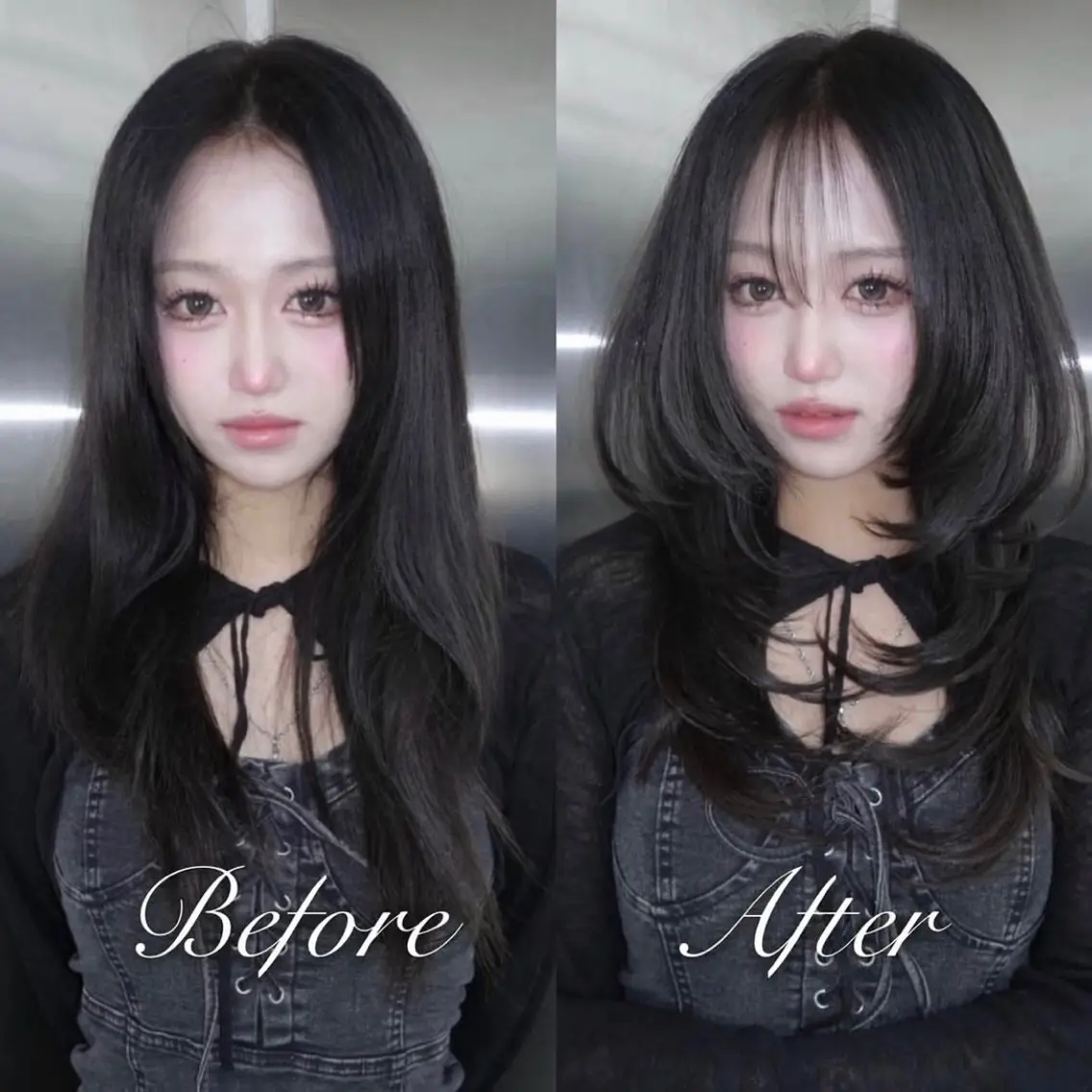 セミロング くびれヘア 顔周りカット ハイレイヤー 韓国風ヘア レイヤーカット がわ/ハイレイヤー /ハイトーンカラーのヘアスタイル