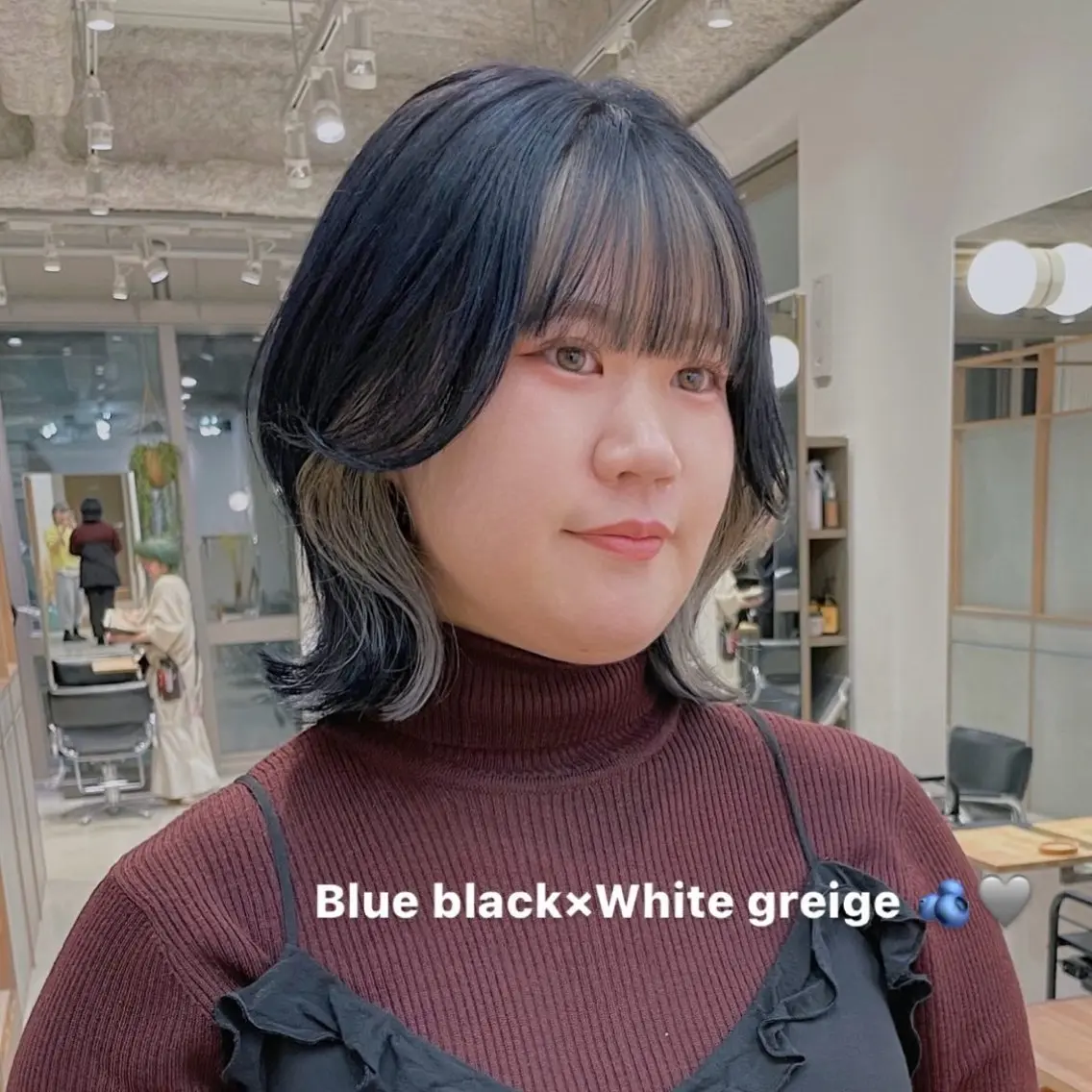 カラー 黒髪 ブルーカラー ブルーブラック グレージュ ヘアカラー ニイ/栄/ ボブカットモデル募集のヘアスタイル