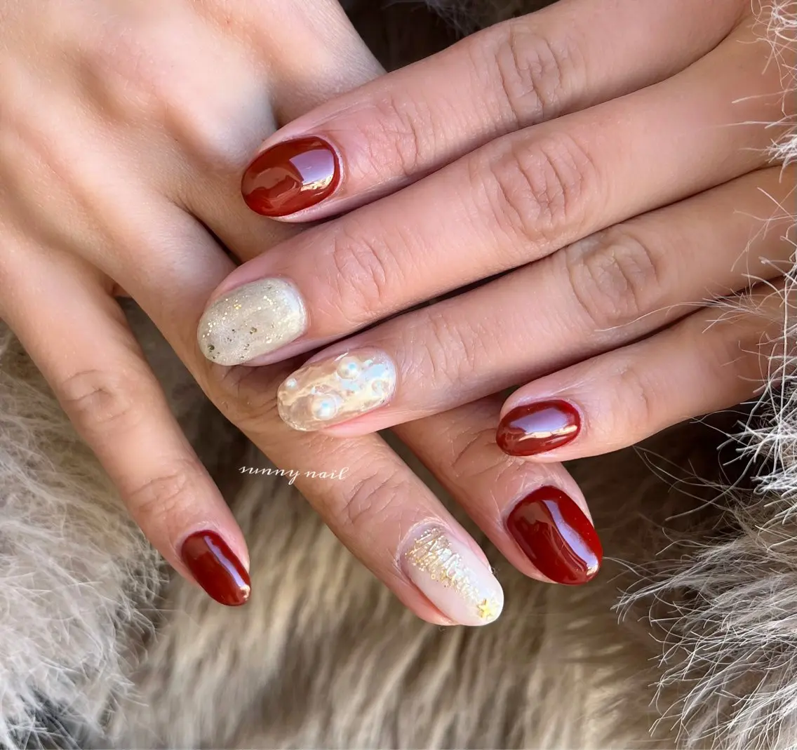 ネイル ボルドー ジェルネイル ゴールド ミラーネイル パラジェル sunny nailのネイルデザイン