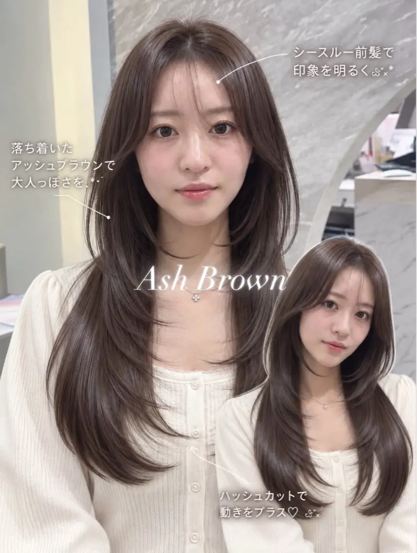 セミロング カラー ヘアアレンジ アッシュ アッシュブラウン 黒髪 ブルーカラー ブルーブラック ヘアカラー 🖤kana韓国ヘア 艶髪カラー特化🖤のヘアスタイル