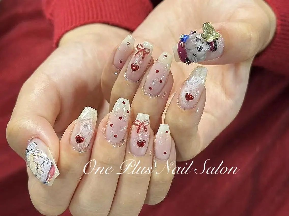 ネイル ガーリー ハート リボン ハンドネイル One Plus Nail Salonのネイルデザイン