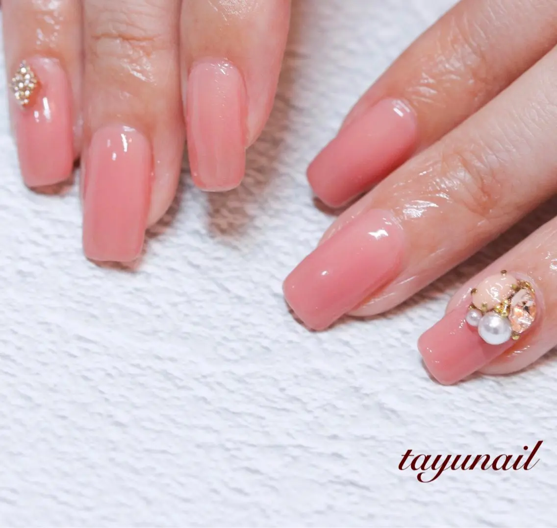ネイル ジェルネイル ロングネイル パラジェル ピンク スクエアネイル ネイルサロン 【たゆnail】のネイルデザイン