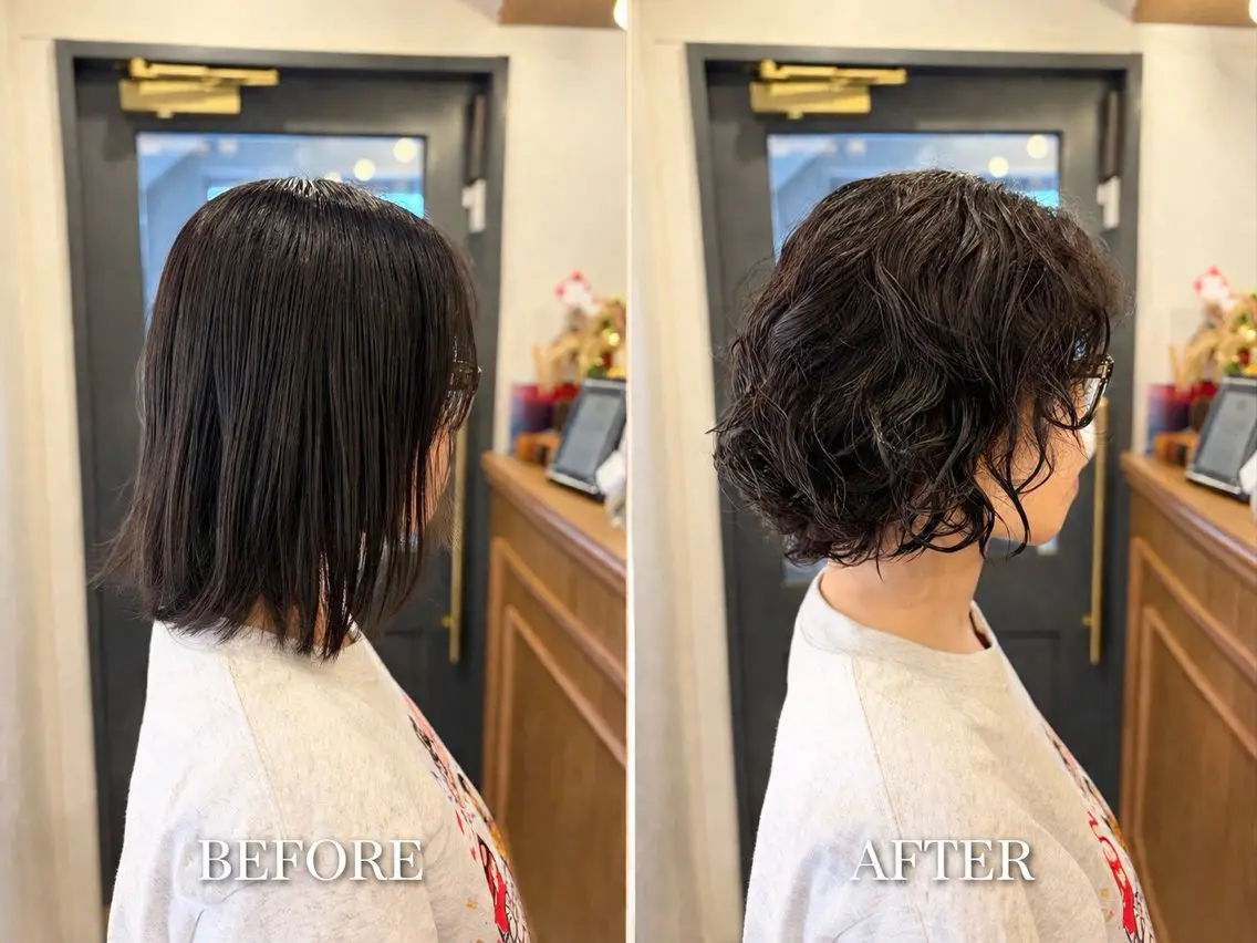 ミディアム パーマ カット パーマ トリートメント ヘッドスパ オリーブ/みづき /ボブパーマ🤍のヘアスタイル