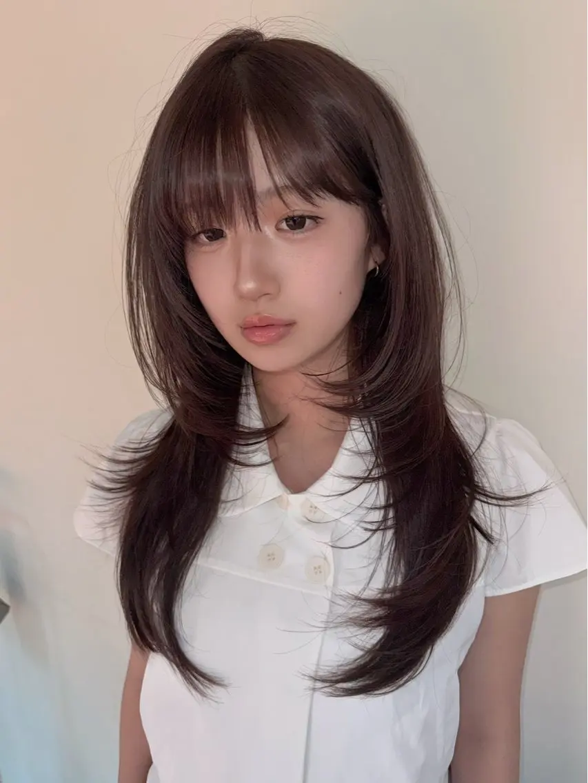 ロング カラー ブリーチ ブラウンカラー 透明感カラー ココアブラウン ハッシュカット カット ヘアカラー トリートメント ヘッドスパ ヘアセット HARUNA/原宿/ デザイン/カットのヘアスタイル