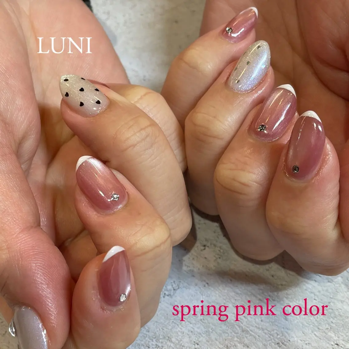 ネイル ハート 氷ネイル・うるうるネイル ピンク 春ネイル ハンドネイル LUNI 久屋大通 ˚✧₊⁎/ yuriのネイルデザイン