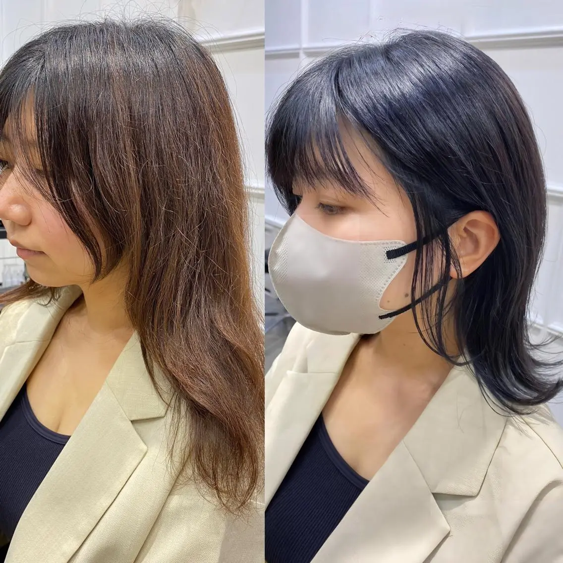 ミディアム カラー 黒髪 ブルーカラー ブルーブラック 透明感カラー🌿 グレージュ🐺陽介のヘアスタイル