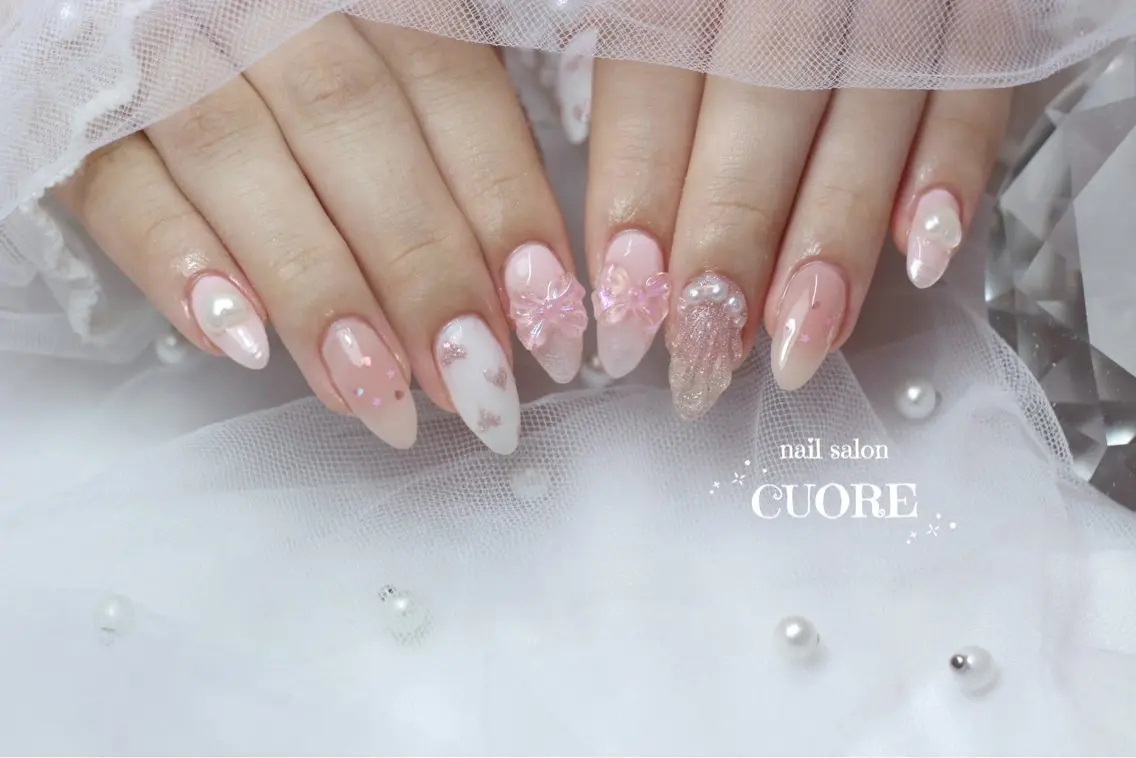 ネイル チークネイル フラッシュネイル ピンク リボン 夏ネイル ハンドネイル nail salon CUOREのネイルデザイン