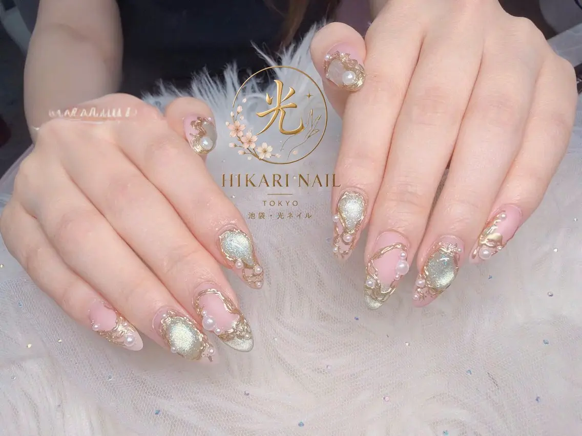 ネイル チークネイル 長さ出し フレンチネイル ガーリー ハート ハンドネイル HikariNail Ikebukuroのネイルデザイン