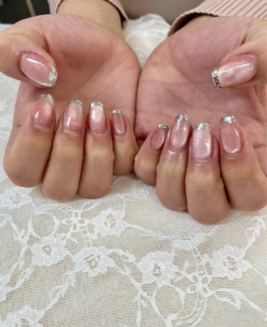 ネイル フレンチネイル ガラスフレンチ ピンク ハンドネイル ハンドケア 心斎橋Salon Epokkuのネイルデザイン